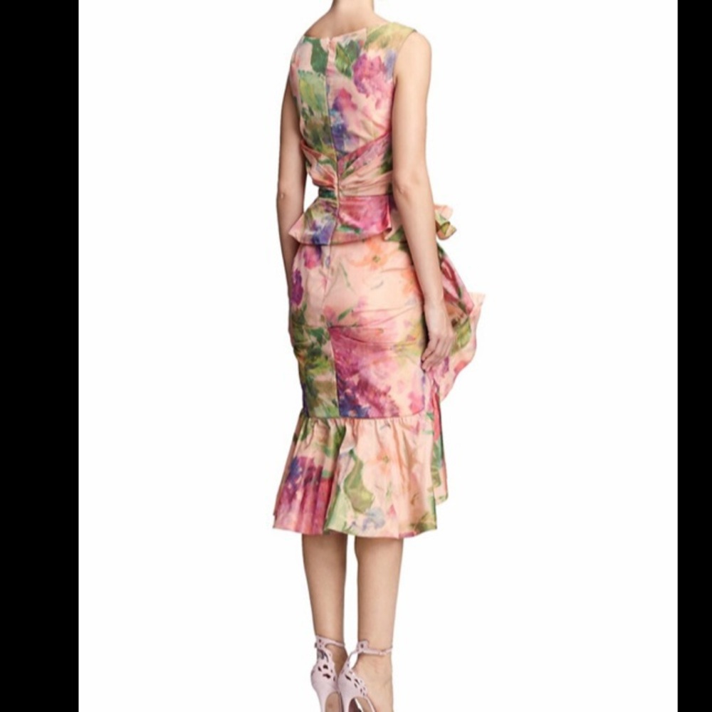 Marchesa Printed Tafetta Peplum Coral Cocktail Dress - Picture 2 of 5